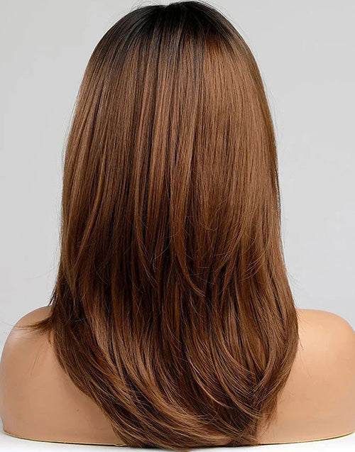Hilda- Ombre Chestnut Brown Mid Length Wig Curtain Bangs Layered Cut Straight 13x5 Pre Cut Lace Front Wigs With Black Roots