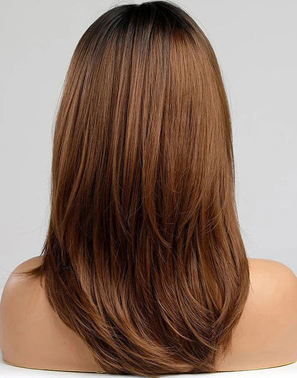 Hilda- Ombre Chestnut Brown Mid Length Wig Curtain Bangs Layered Cut Straight 13x5 Pre Cut Lace Front Wigs With Black Roots