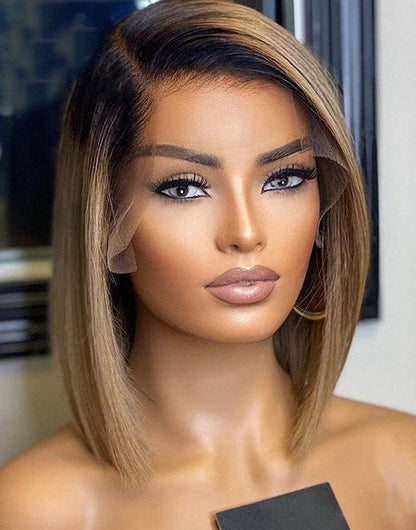 Elma- Ombre Ash Blonde Short Straight Cut 13x4 Lace Front Bob Wig Glueless Human Hair Wig
