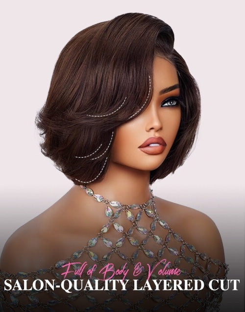 Chocolate Brown/Black Chic & Natural Layered Bob 6x5 Lace Glueless Pull Go Wig Pre-Cut Lace