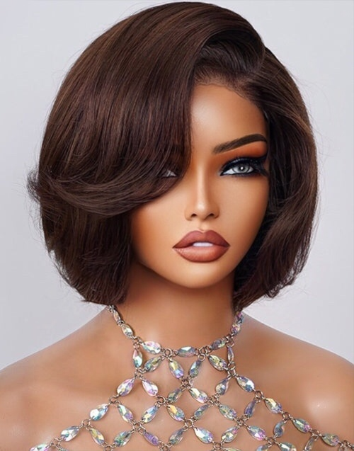 Chocolate Brown/Black Chic & Natural Layered Bob 6x5 Lace Glueless Pull Go Wig Pre-Cut Lace