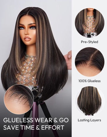 Zephyrine- Glueless Pull Go Wig Balayage Honey Layer Cut Straight Wig Pre Cut Lace Human Hair