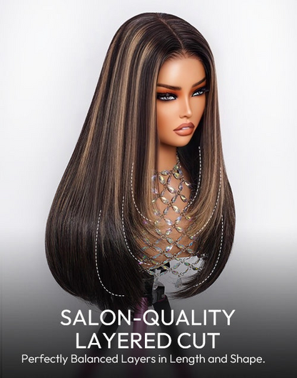 Zephyrine- Glueless Pull Go Wig Balayage Honey Layer Cut Straight Wig Pre Cut Lace Human Hair