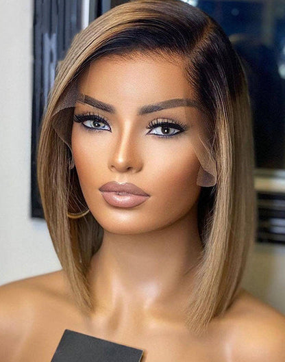 Elma- Ombre Ash Blonde Short Straight Cut 13x4 Lace Front Bob Wig Glueless Human Hair Wig