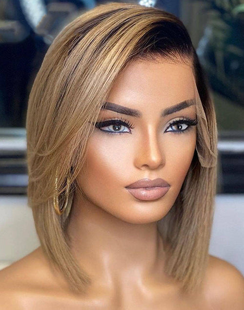 Elma- Ombre Ash Blonde Short Straight Cut 13x4 Lace Front Bob Wig Glueless Human Hair Wig