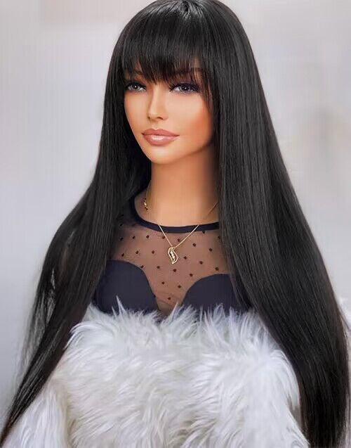 Sabina- Straight 13x5 Pre Everything Wig With Bangs Natural Black/Brown Glueless Human Hair Wig