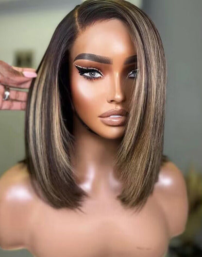 Valerie- Highlights Honey Short Asymmetric Bob Straight Layer Cut 13x5 Pre Cut Lace Wig Glueless Wig Human Hair