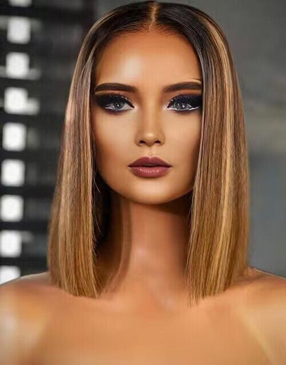 12" Highlights Honey Brown Straight 6x5 Pre Cut Lace Bob Glueless Wig