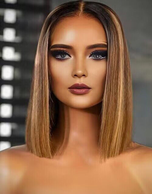 12" Highlights Honey Brown Straight 6x5 Pre Cut Lace Bob Glueless Wig