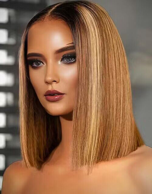 Lydia- Highlights Honey Brown Short Straight 5x5 Pre Cut Lace Bob Glueless Wig With Black Roots Human Hair