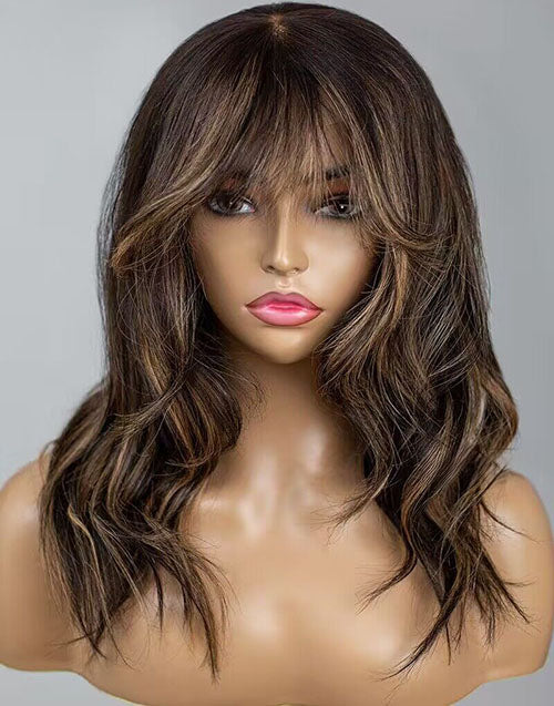 Mona- Blonde Highlight Curtain Bangs Wavy 13x5 Pre Cut Lace Front Glueless Wig Human Hair