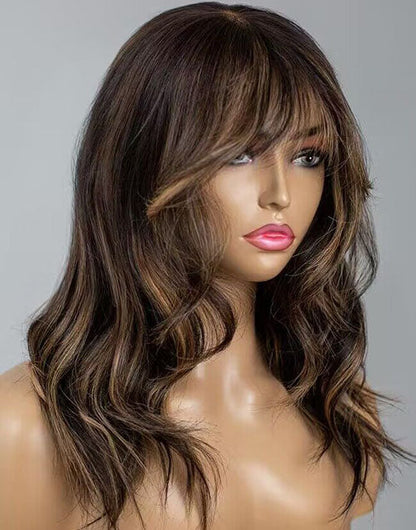 Mona- Blonde Highlight Curtain Bangs Wavy 13x5 Pre Cut Lace Front Glueless Wig Human Hair
