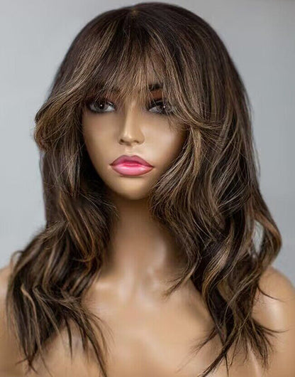 Mona- Blonde Highlight Curtain Bangs Wavy 13x5 Pre Cut Lace Front Glueless Wig Human Hair