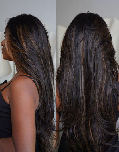 Camille- Glueless Pull Go Wig Brown Highlight Layer Cut Wavy 13x5 Pre Cut Lace Human Hair Wig