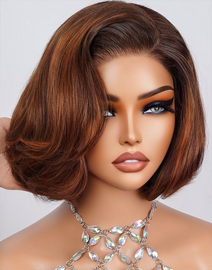 Isolde- Shiny Highlight Ginger With Brown Layered Bob Glueless Pull Go Wig With Brown Roots 6x5 Pre-Cut Lace