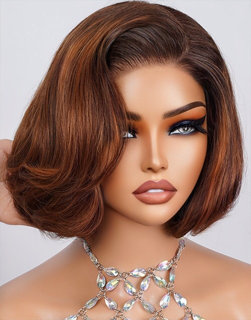Isolde- Shiny Highlight Ginger With Brown Layered Bob Glueless Pull Go Wig With Brown Roots 6x5 Pre-Cut Lace
