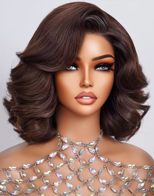 Anthea- Side Swept Bang Brown Color Wavy Bob Wig With Layered Glueless Pull Go Human Hair Wigs