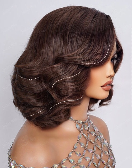 Anthea- Side Swept Bang Brown Color Wavy Bob Wig With Layered Glueless Pull Go Human Hair Wigs