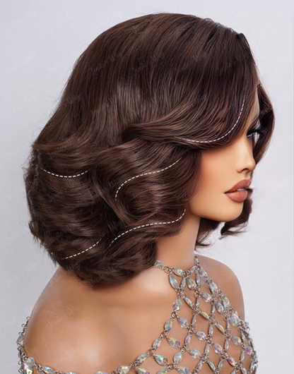 Anthea- Side Swept Bang Brown Color Wavy Bob Wig With Layered Glueless Pull Go Human Hair Wigs