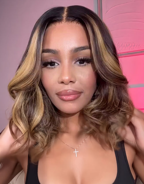 Marcia- 4x4/5X5 Lace Highlight Human Hair Honey Blonde Wavy Bob Closure Wig