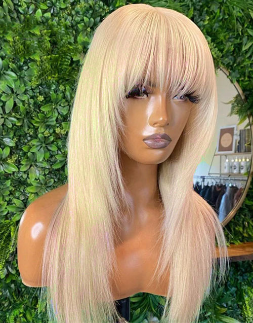18” Layer Cut #613 Blonde Straight Wig With Bangs None Lace