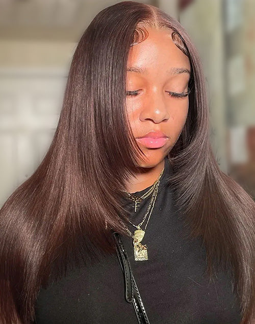 16" Brown Layered Cut Glueless Straight Wig 9×6 Pre Cut Lace Flash Deal