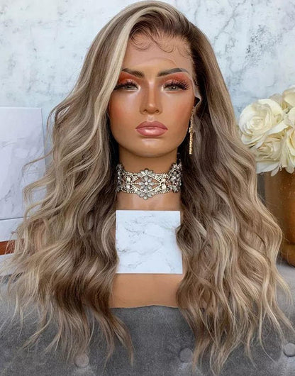 Laila-Highlight Blonde Wavy Human Hair Wig With Dark Roots Body Wave Lace Front Wigs
