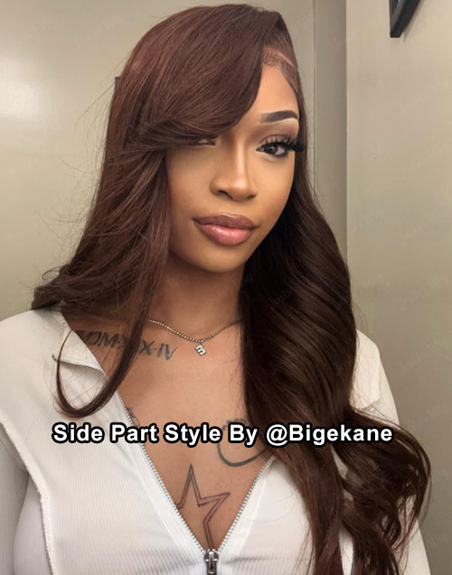 Ellen- Glueless Pull Go Wig Curtain Bangs BIGEKANE Recommend #4 Light Brown Wavy Pre Styled Lace Front Human Hair Pre Cut Wigs