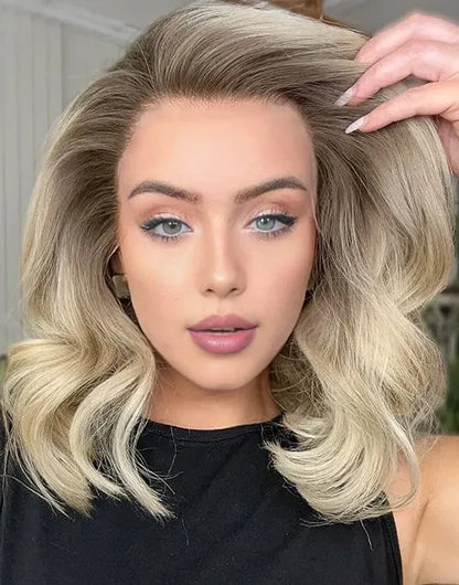 Evelya-Gray Brown Blonde Highlights Wavy Bob Wigs 100% Real 13x6 HD Lace Human Hair Wig For Caucasian