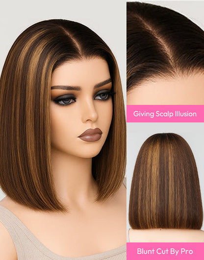 Sarena- Coffee Brown With Blonde Straight Bob Wig Pre Cut Lace Glueless Pull Go Wig