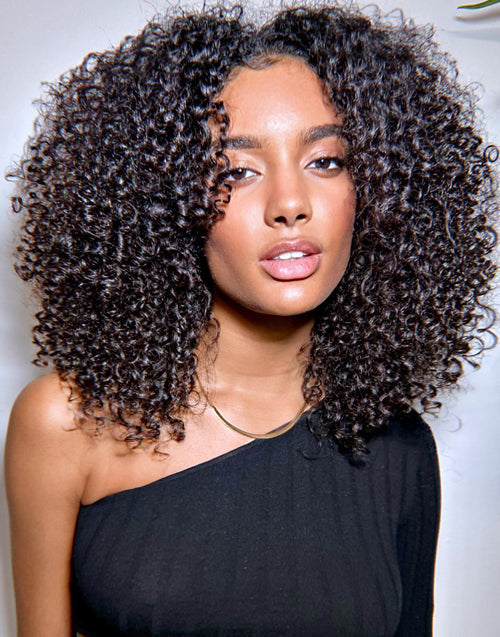 Saskia- Shoulder Length Fluffy Curl 7X5 Bob Pre Cut Lace Preplucked Human Hair Wig 250% Density Glueless Crystal Lace Wig