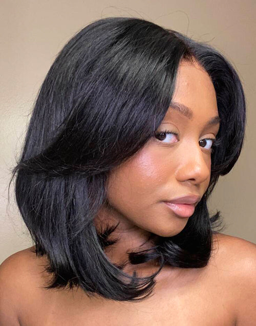 Yuri- 7X5 Glueless French Bob Wig With Curtain Bangs Layered Cut Bob Wig Pre Cut Lace(Ready To Ship)