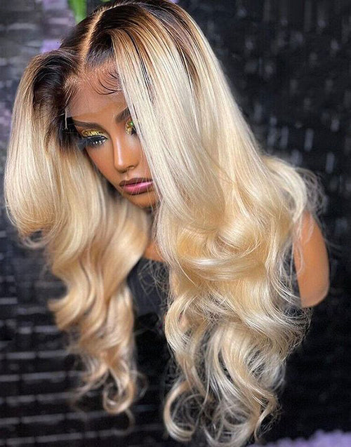 26" T1B/613 Wavy 4x4 Lace Wig Glueless Human Hair Wig