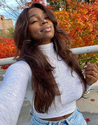 Ellen- Glueless Pull Go Wig Curtain Bangs BIGEKANE Recommend #4 Light Brown Wavy Pre Styled Lace Front Human Hair Pre Cut Wigs