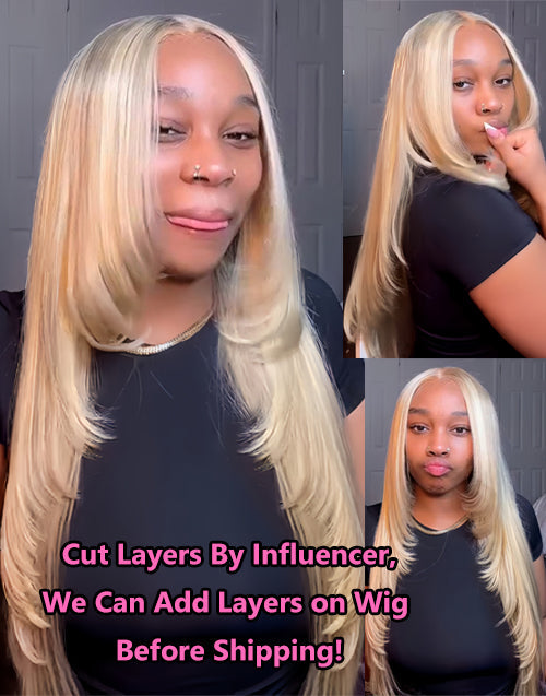 Person with long blonde wig showing different angles, with text about wig customization.