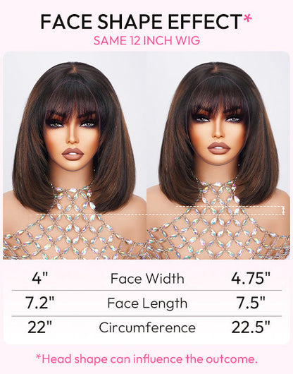 Pag- Glueless Pull Go Wig Brown Highlight Layered Haircut Silky Straight Bob With Bangs