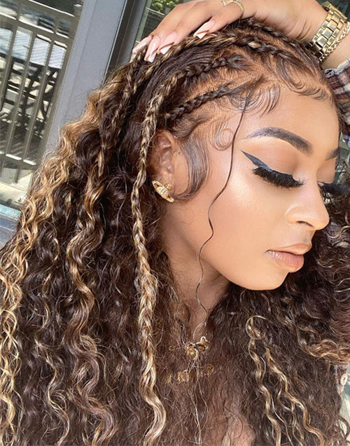 Alba- (Can Do Braids )Highlight Honey Brown Curly Full Lace Human Hair Wig Need To Do By Yourself