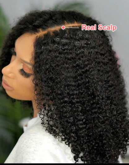 22" Thin V Part Handtied Wig Kinky Curly Human Hair Wig No Leave-Out