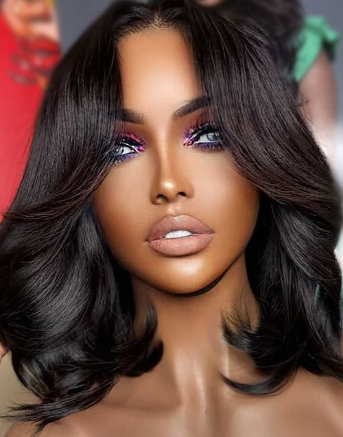 Agne- Curtain Bangs Layered Chic Flowy Straight Bob 7x5 Pre Cut Lace Glueless Wig