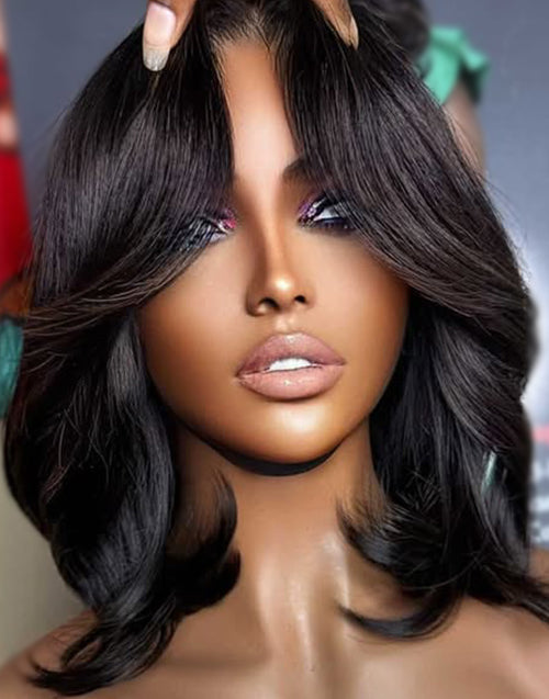 Agne- Curtain Bangs Layered Chic Flowy Straight Bob 7x5 Pre Cut Lace Glueless Wig