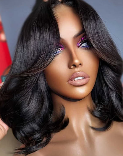 Agne- Curtain Bangs Layered Chic Flowy Straight Bob 7x5 Pre Cut Lace Glueless Wig