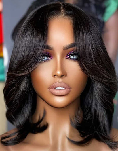 Agne- Curtain Bangs Layered Chic Flowy Straight Bob 7x5 Pre Cut Lace Glueless Wig