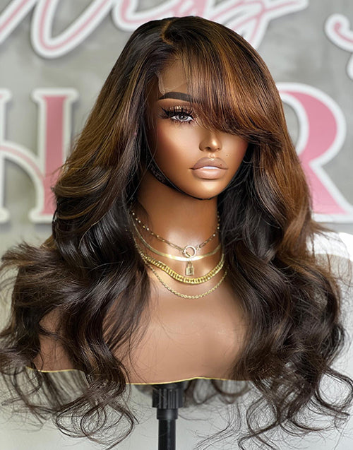 13x4 Rich Brown Color With Heavy Side Bang Wig Loose Wave Human Hair Lace Front Wigs