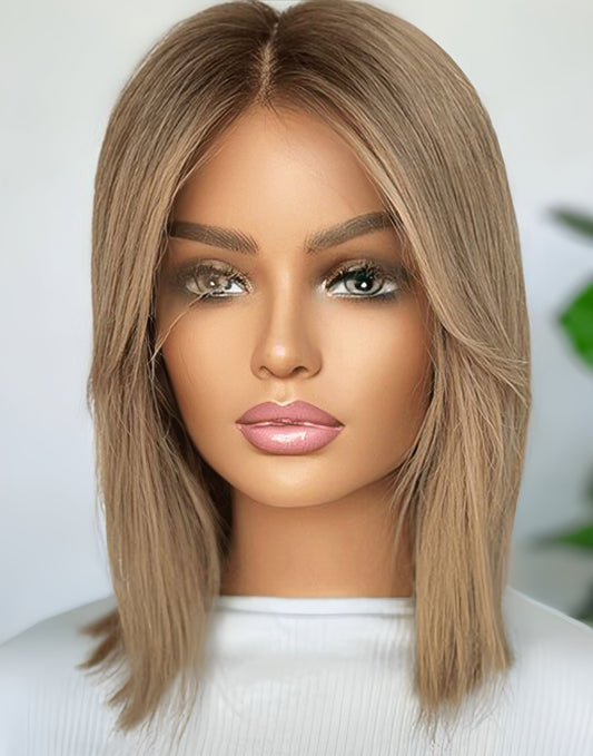 12"-14" Curtain Bangs Ombre Blonde Straight 13x4 Bob Glueless Wig