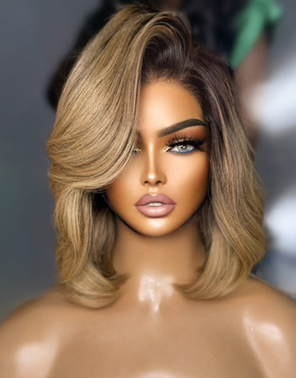 Kitty- Gluless Pull Go Ombre Honey Blonde Bob With Side Swept Fringe Bangs Shoulder Length Wig With Layers