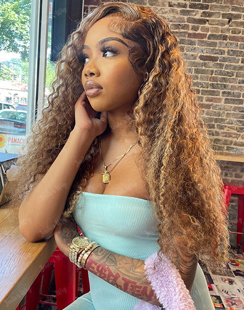 Denise- Upgraded 13x5 Pre Everything Highlight Honey Blonde Water Wave Pre-cut Lace Front Wig Glueless Human Hair Wig
