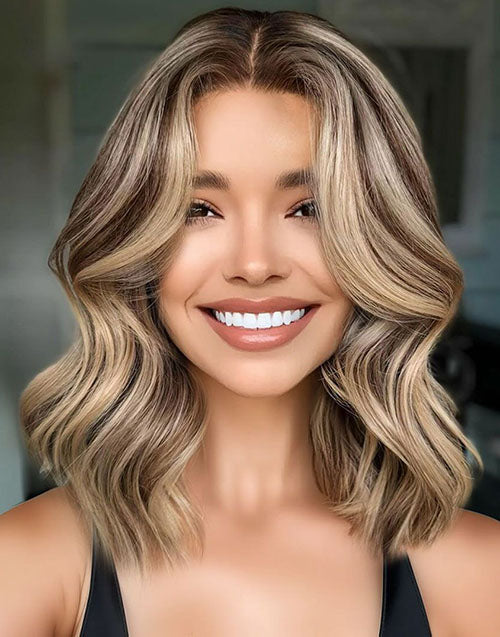12" Balayage Brown And Blonde Wavy 13x4 Bob Glueless Wig