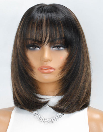 Face Framing Brown Highlight Glueless Wigs With Bangs Layered Bob Cut Pre Everything Wigs