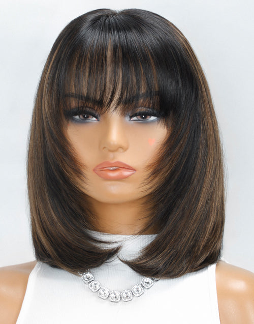 Face Framing Brown Highlight Glueless Wigs With Bangs Layered Bob Cut Pre Everything Wigs
